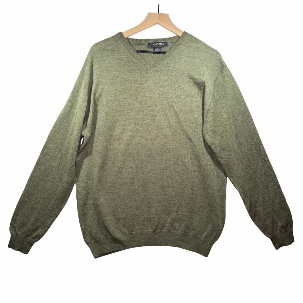 Murano Modern Performance V Neck Pullover Sweater Olive Men's Size L